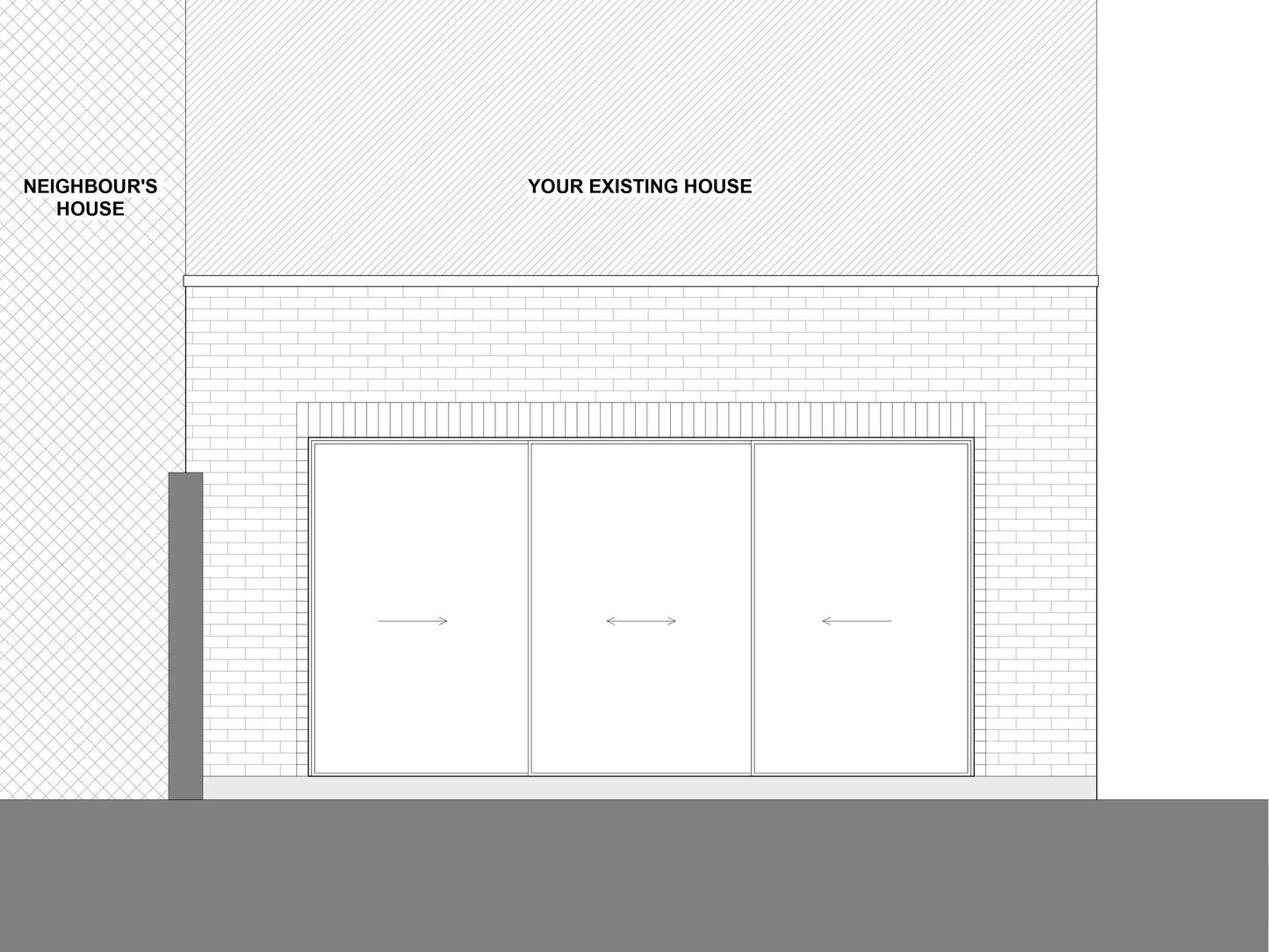 Architectural elevation drawing showing the front view of a rear house extension, labeled 'Your Existing House' and 'Neighbour's House.' The extension features large sliding glass doors and a brick exterior.