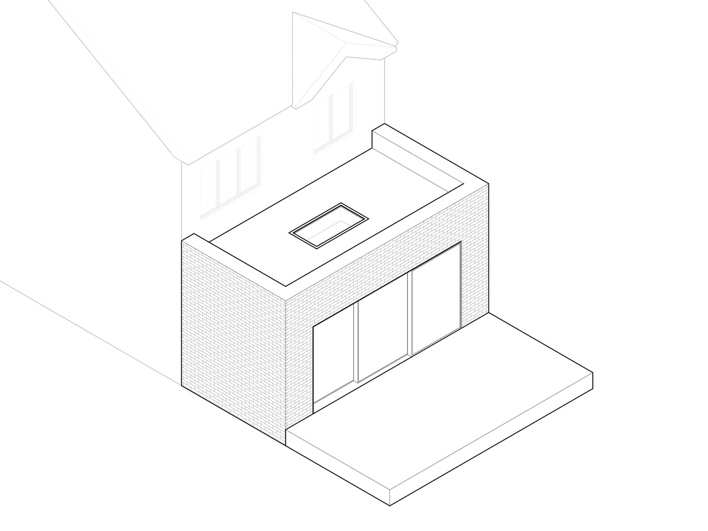 A minimalist architectural drawing of a 3D model of a house extension. The extension features a flat roof with a skylight in the centre. The exterior walls are made of brick, and the front of the extension includes large sliding glass doors that open onto a small patio. The original house is partially visible in the background, showing the roof and a couple of windows on the second floor.