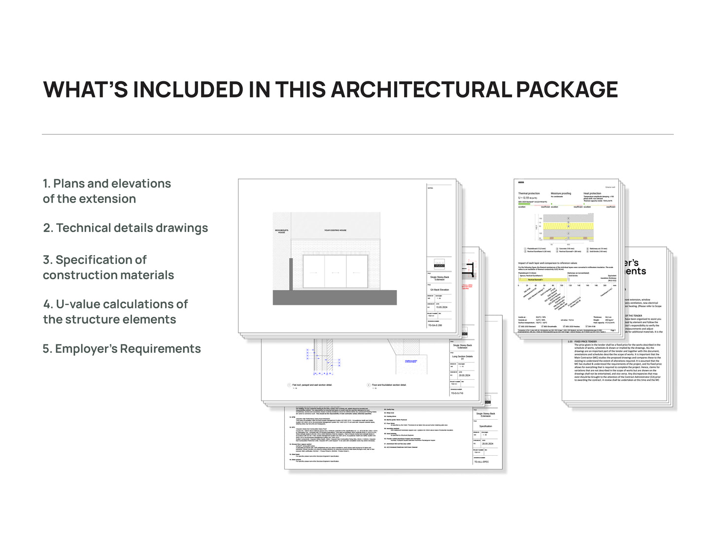 A presentation slide titled 'What’s Included in This Architectural Package' with a list of five items: 1. Plans and elevations of the extension, 2. Technical details drawings, 3. Specification of construction materials, 4. U-value calculations of the structure elements, 5. Employer’s Requirements. The slide also includes thumbnail images of various technical and architectural documents.