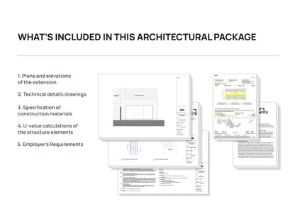 A presentation slide titled 'What’s Included in This Architectural Package' with a list of five items: 1. Plans and elevations of the extension, 2. Technical details drawings, 3. Specification of construction materials, 4. U-value calculations of the structure elements, 5. Employer’s Requirements. The slide also includes thumbnail images of various technical and architectural documents.