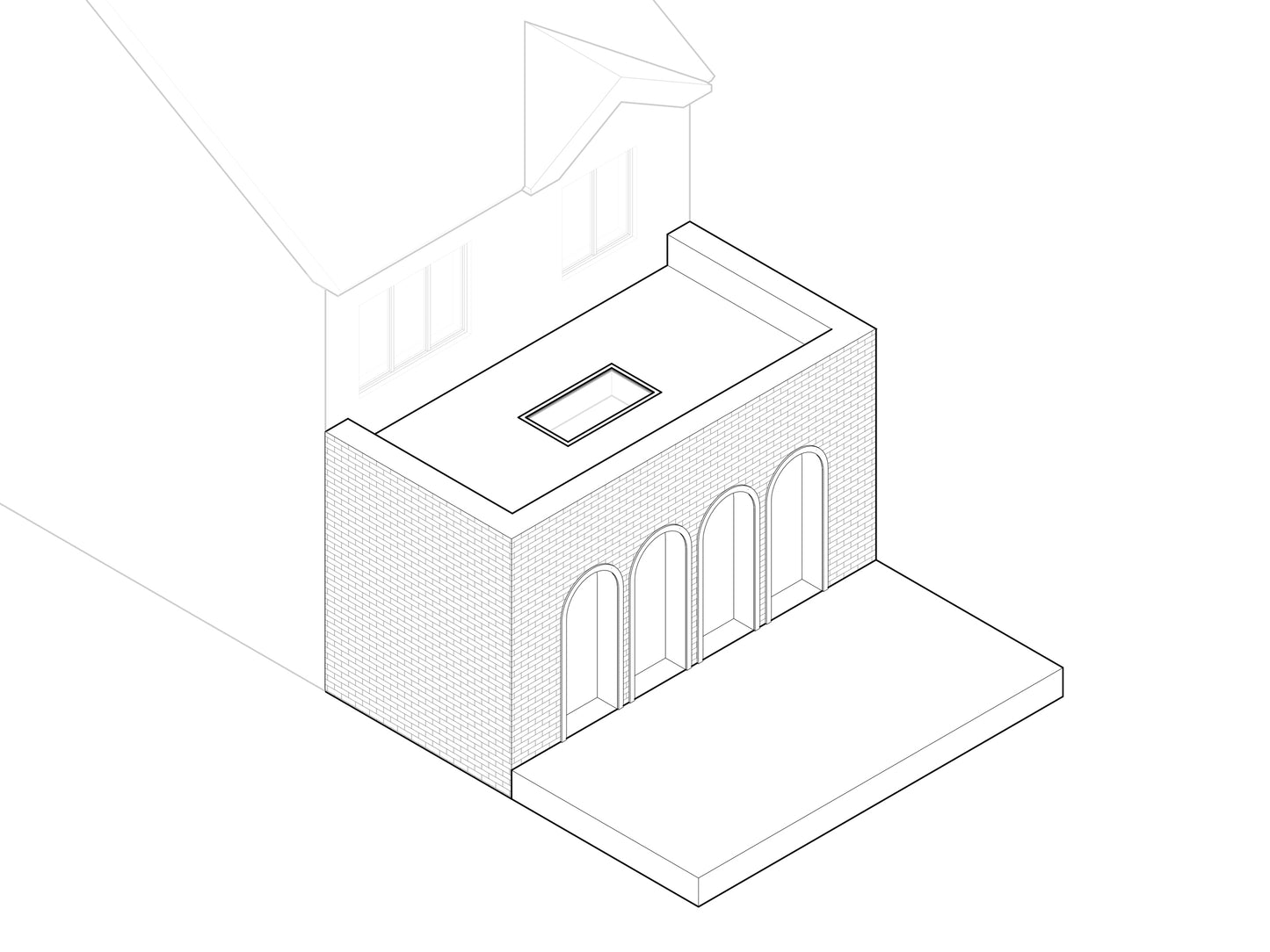 A minimalist architectural drawing of a 3D model of a house extension. The extension features a flat roof with a skylight in the centre. The exterior walls are made of brick, and the front of the extension includes three tall, narrow arched doorways that open onto a small patio. The original house is partially visible in the background, showing the roof and a couple of windows on the second floor.