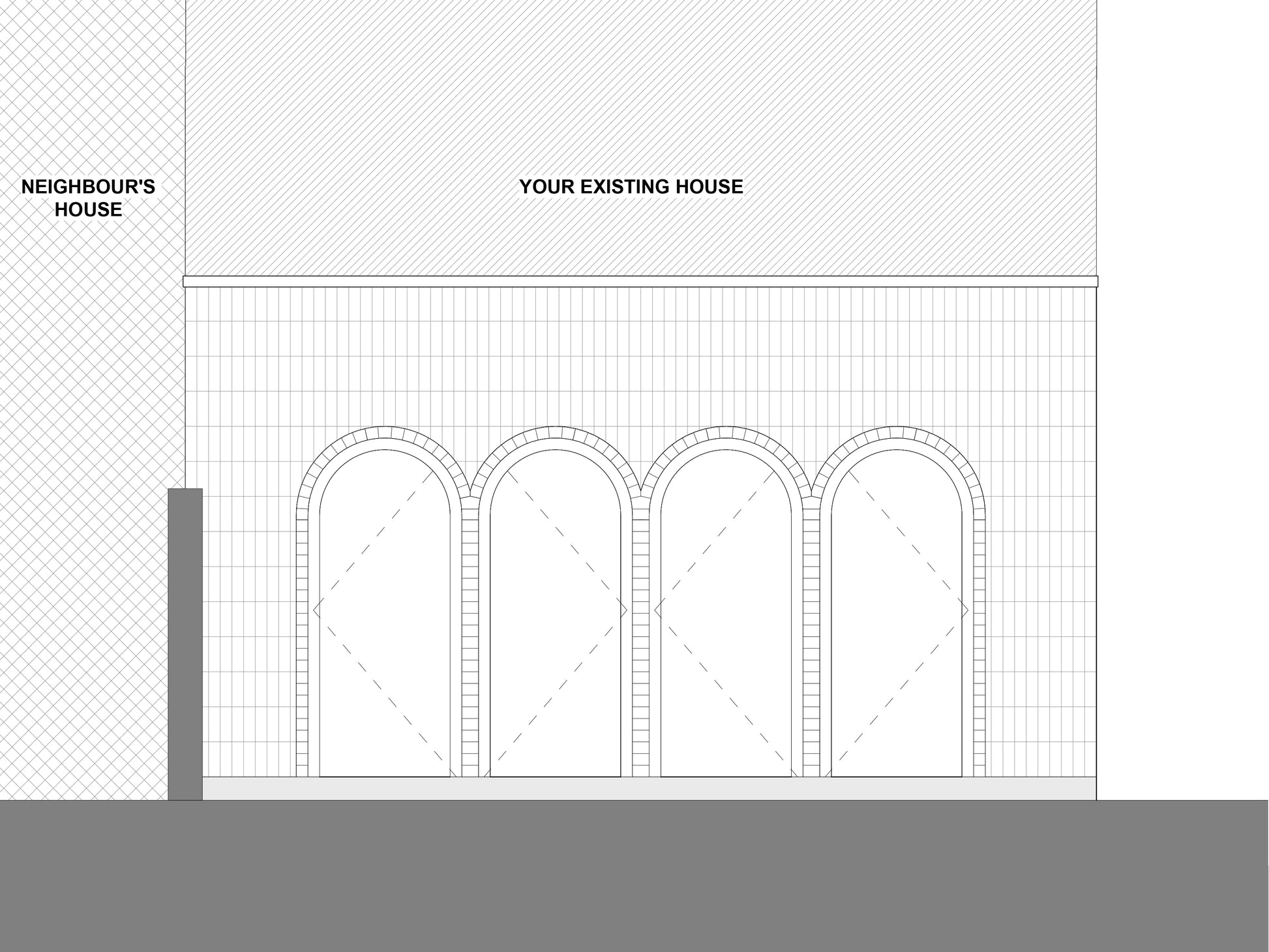 Architectural elevation drawing showing the front view of a rear house extension with three large arched glass doors. The extension is labeled 'Your Existing House,' and the neighboring property is labeled 'Neighbour's House.' The drawing details the brickwork pattern and structural elements of the extension.