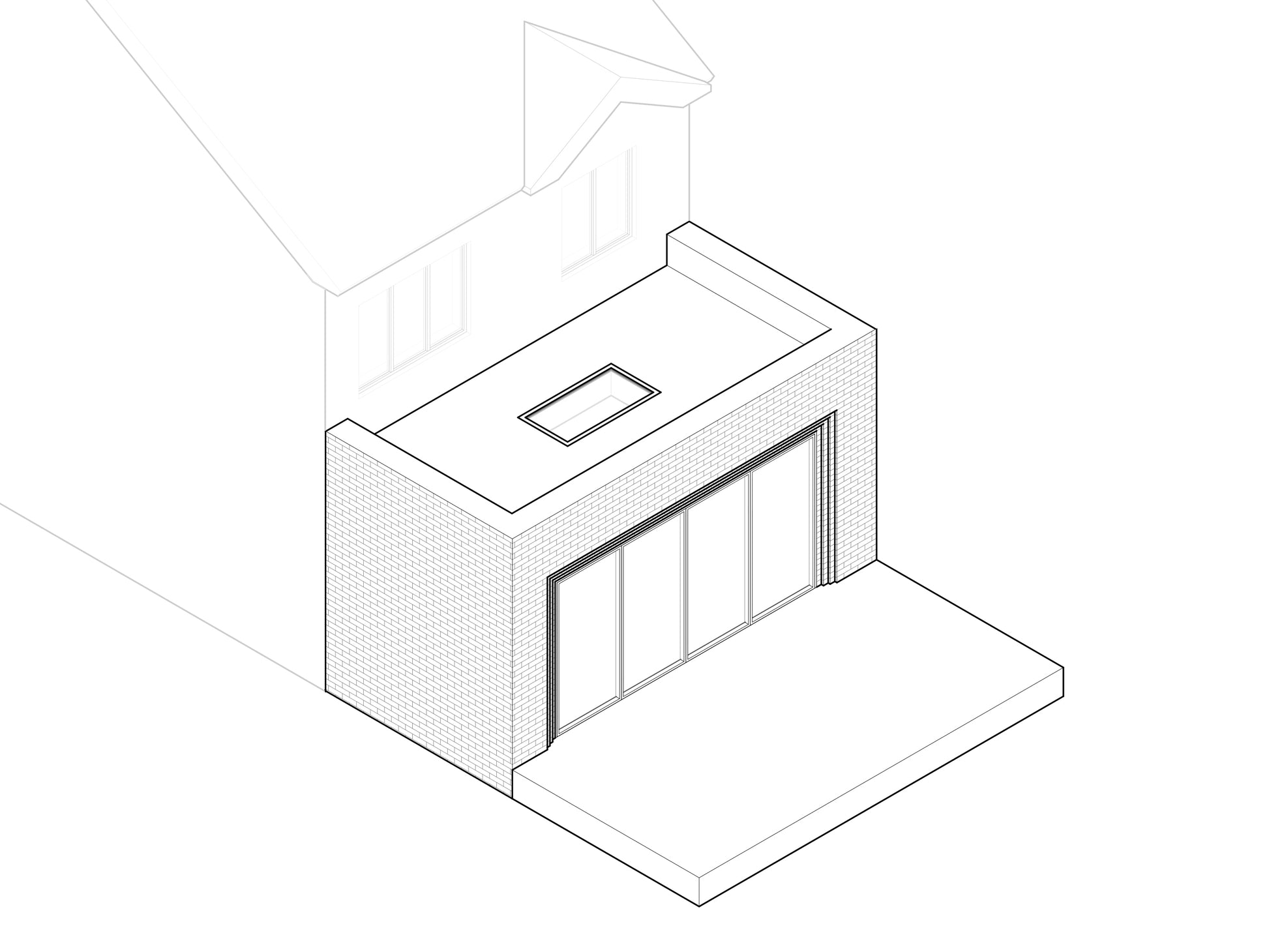 A 3D isometric architectural drawing of a house extension. The extension features a flat roof with a rectangular rooflight, large sliding glass doors on the front facade, and a brick exterior. The extension is attached to the main house, which has a pitched roof and two windows visible on the side.