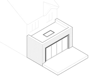 A 3D isometric architectural drawing of a house extension. The extension features a flat roof with a rectangular rooflight, large sliding glass doors on the front facade, and a brick exterior. The extension is attached to the main house, which has a pitched roof and two windows visible on the side.