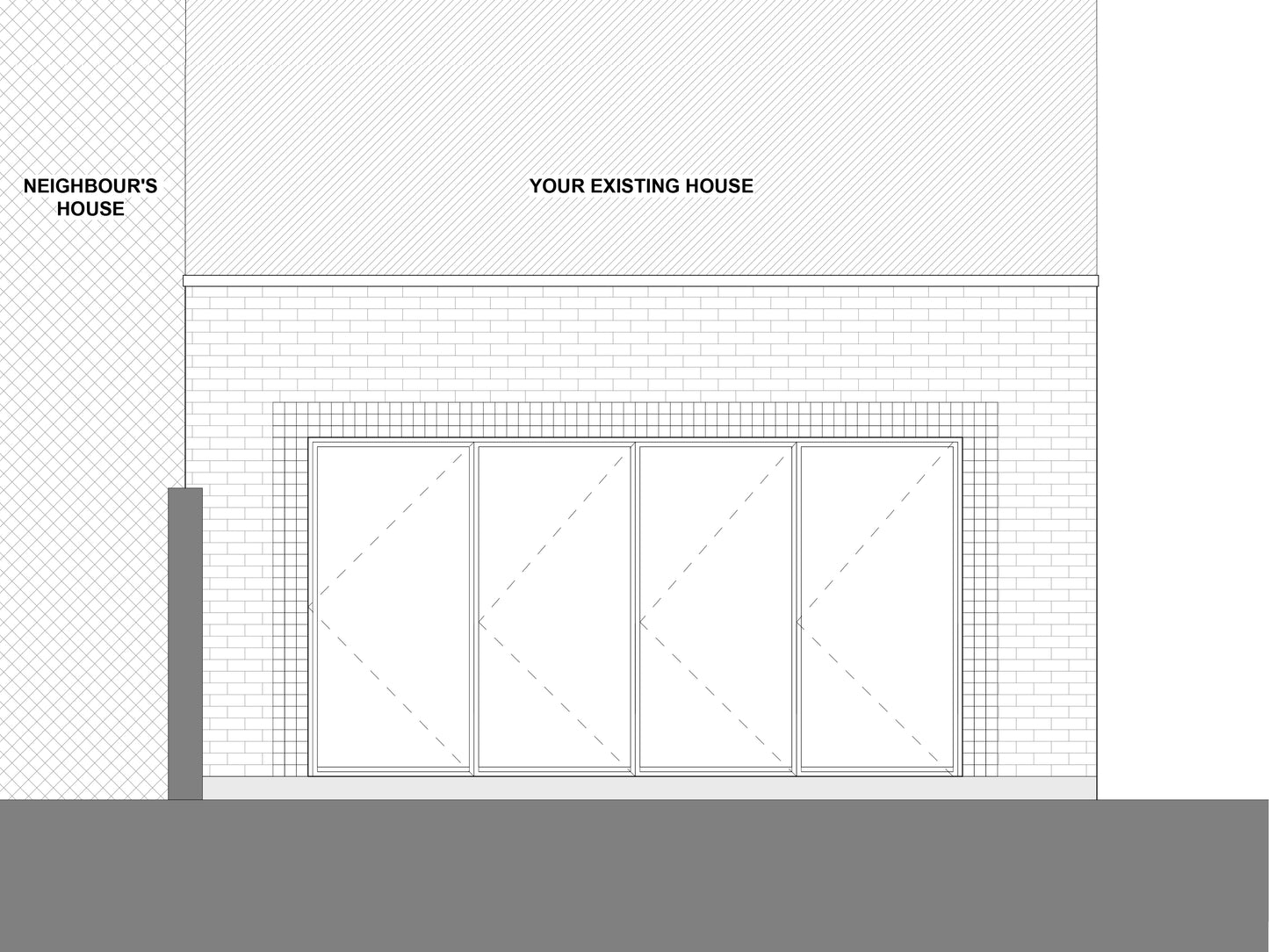 Architectural elevation drawing showing the front view of a house extension, labeled 'Your Existing House' and 'Neighbour's House.' The extension features large bi-fold glass doors and a brick exterior.