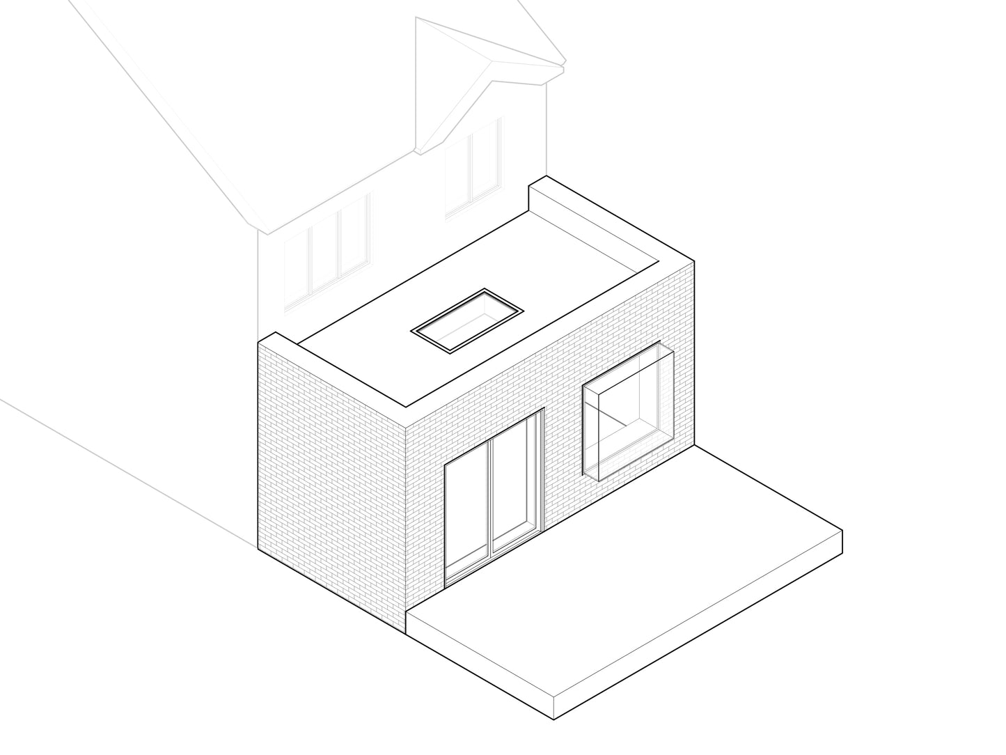 A black-and-white line drawing of a house extension in 3D perspective. The extension has a flat roof with a rectangular skylight, an extruded box window on the right side, and a French-style folding door on the left side, opening onto a patio. The drawing shows part of the original house attached to the extension, with two windows visible on the first floor.