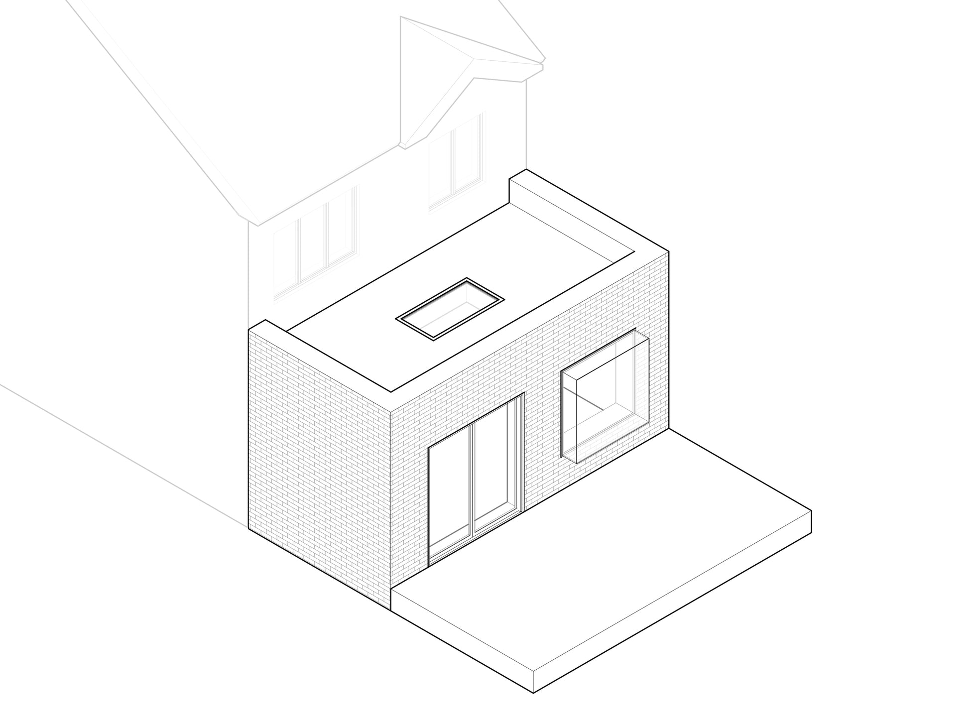 A black-and-white line drawing of a house extension in 3D perspective. The extension has a flat roof with a rectangular skylight, an extruded box window on the right side, and a French-style folding door on the left side, opening onto a patio. The drawing shows part of the original house attached to the extension, with two windows visible on the first floor.