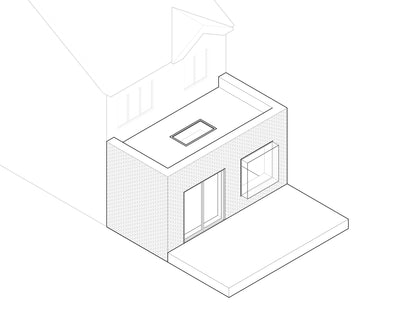 A black-and-white line drawing of a house extension in 3D perspective. The extension has a flat roof with a rectangular skylight, an extruded box window on the right side, and a French-style folding door on the left side, opening onto a patio. The drawing shows part of the original house attached to the extension, with two windows visible on the first floor.