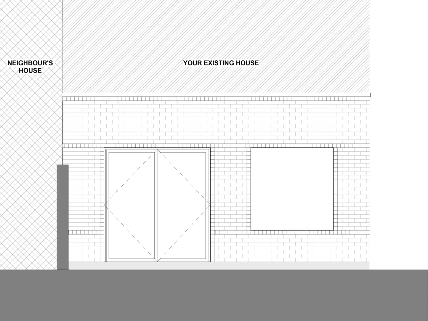 A black-and-white 2D architectural drawing of a house extension’ elevation. The extension has an extruded box window on the right side, and a French-style folding door on the left side, opening onto a patio. The drawing shows part of the original house attached to the extension.