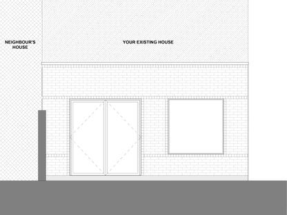 A black-and-white 2D architectural drawing of a house extension’ elevation. The extension has an extruded box window on the right side, and a French-style folding door on the left side, opening onto a patio. The drawing shows part of the original house attached to the extension.