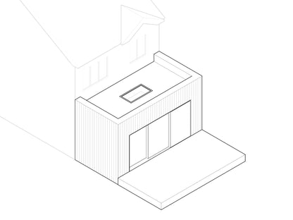 A minimalist architectural drawing of a 3D model of a house extension. The extension features a flat roof with a skylight in the centre. The exterior walls are made of wood, and the front of the extension includes large sliding glass doors that open onto a small patio. The original house is partially visible in the background, showing the roof and a couple of windows on the second floor.