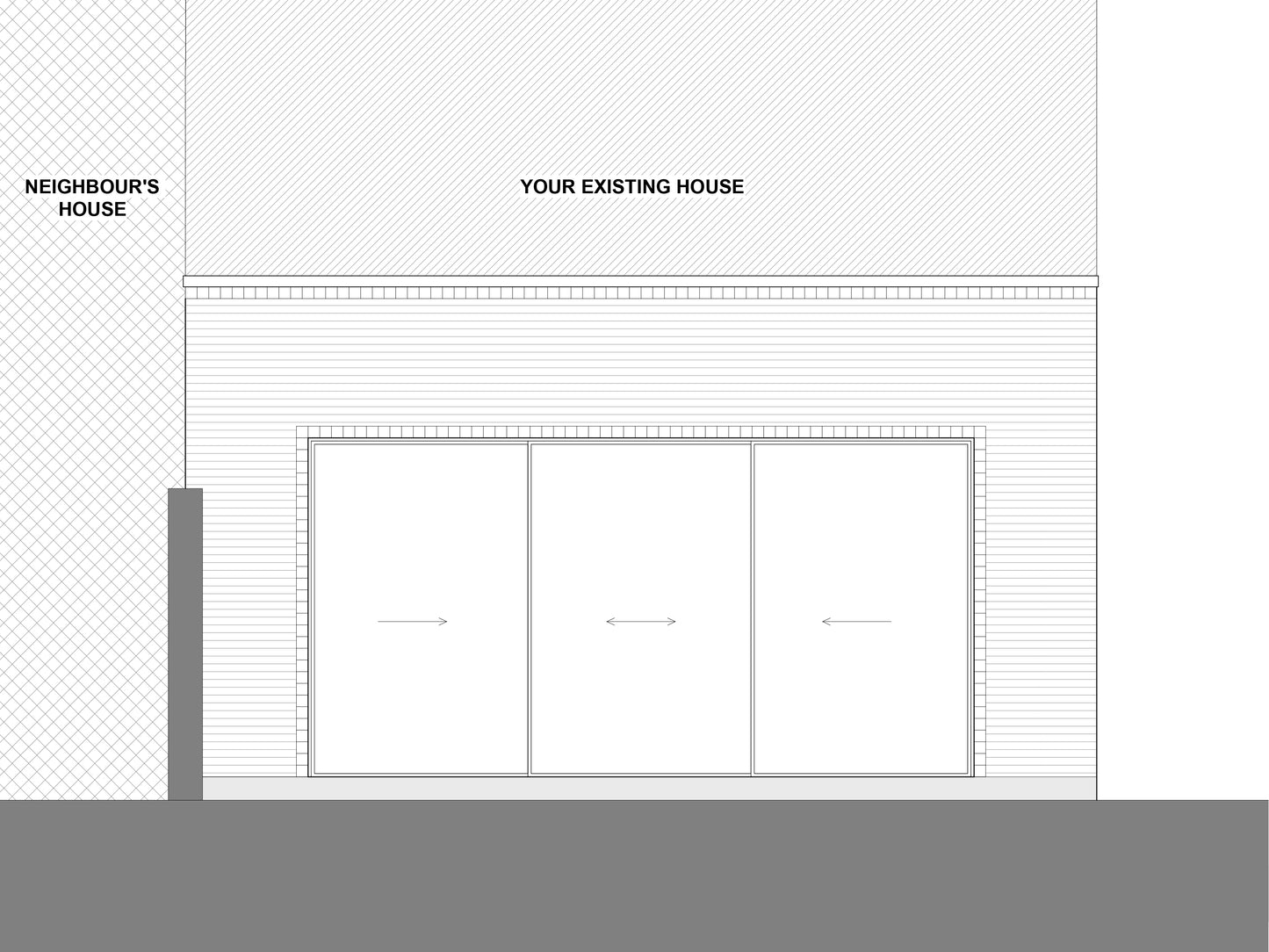 Architectural elevation drawing showing the front view of a rear house extension, labeled 'Your Existing House' and 'Neighbour's House.' The extension features large sliding glass doors and a brick exterior.