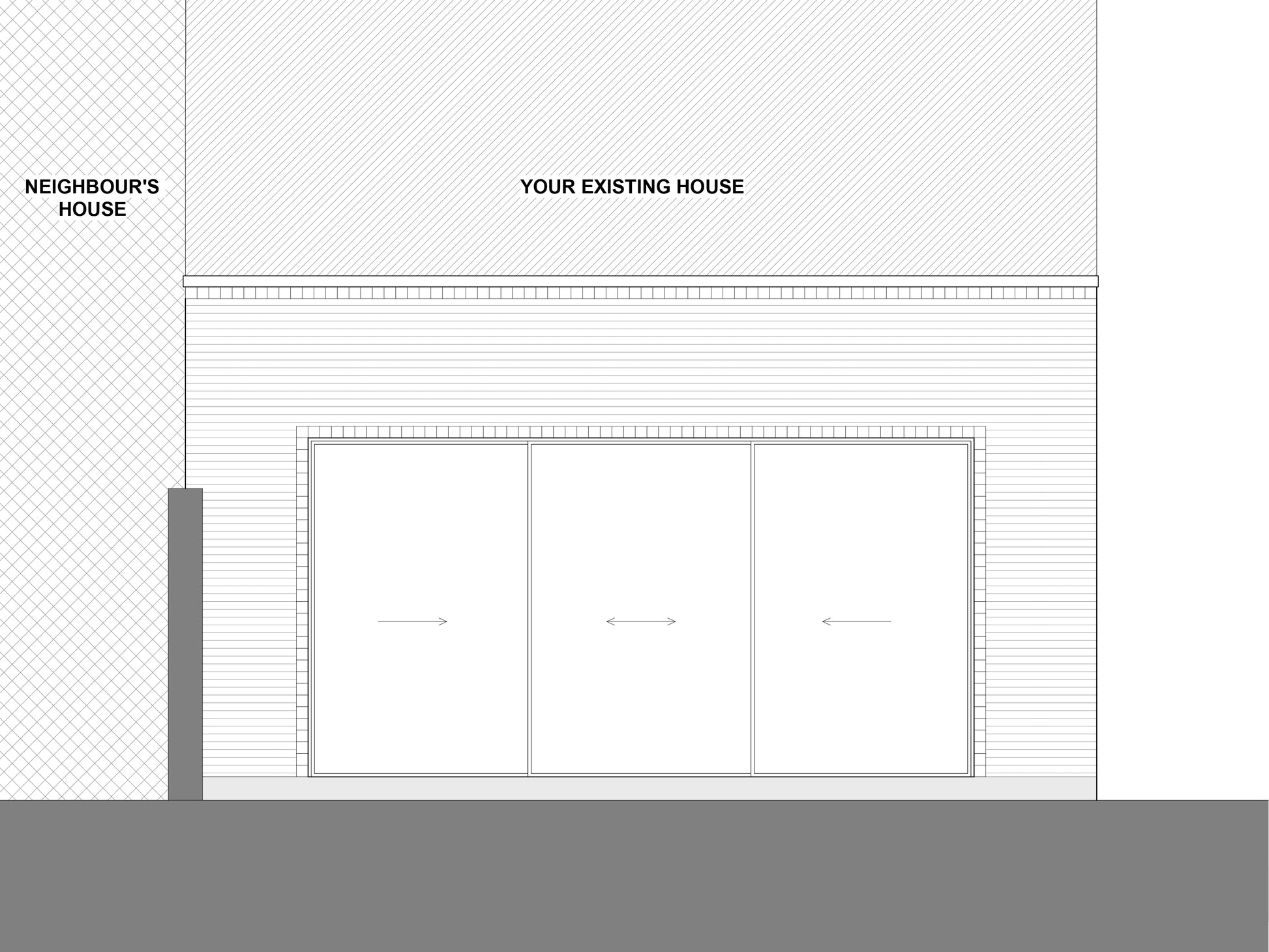 Architectural elevation drawing showing the front view of a rear house extension, labeled 'Your Existing House' and 'Neighbour's House.' The extension features large sliding glass doors and a brick exterior.