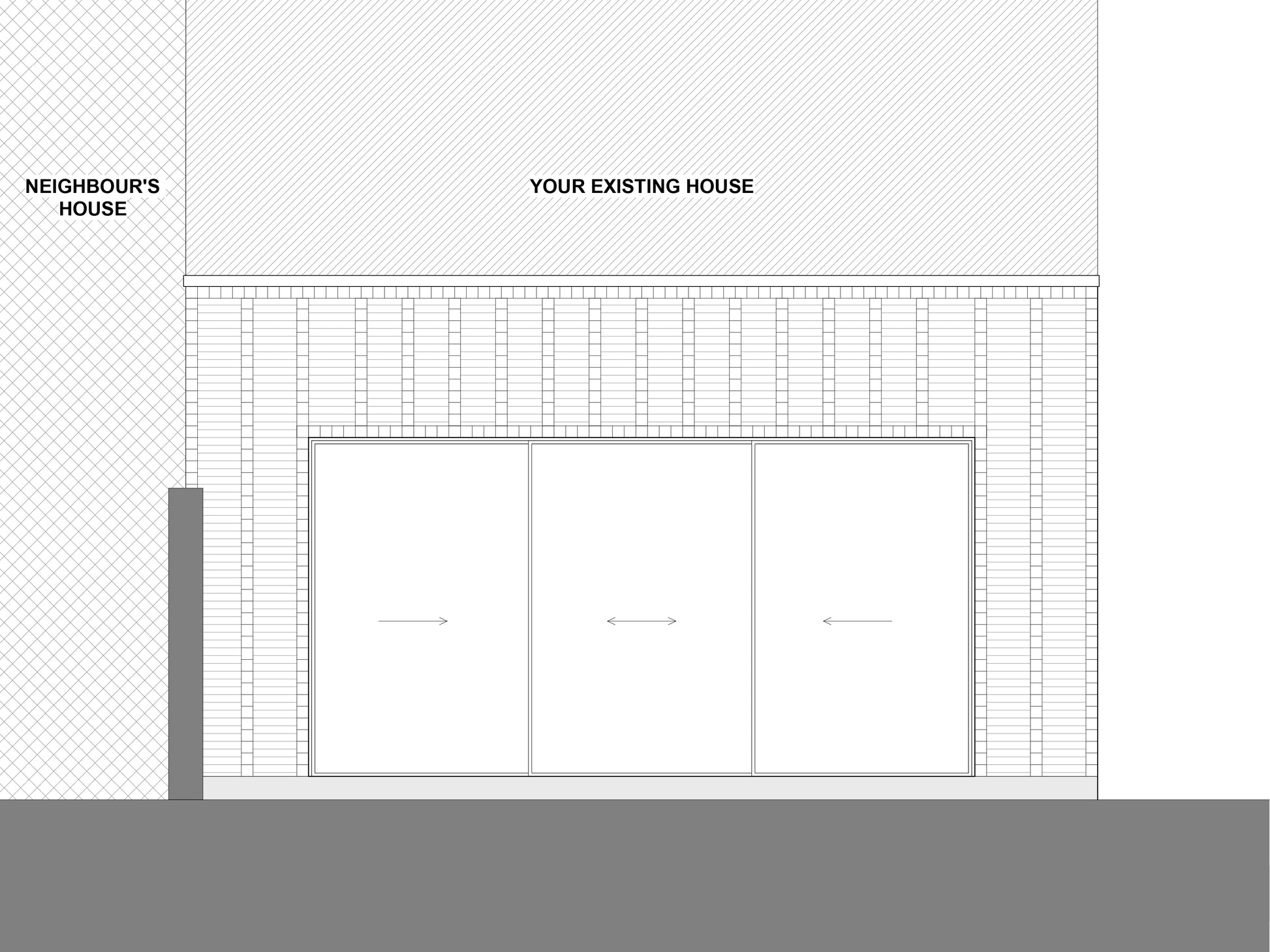 Architectural elevation drawing showing the front view of a rear house extension, labelled 'Your Existing House' and 'Neighbour's House.' The extension features large sliding glass doors and a brick exterior.